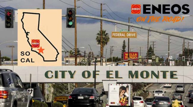 EOTR v-e el monte featured image v2 Street view of El Monte, California with ENEOS On The Road graphic and map highlighting Southern California location