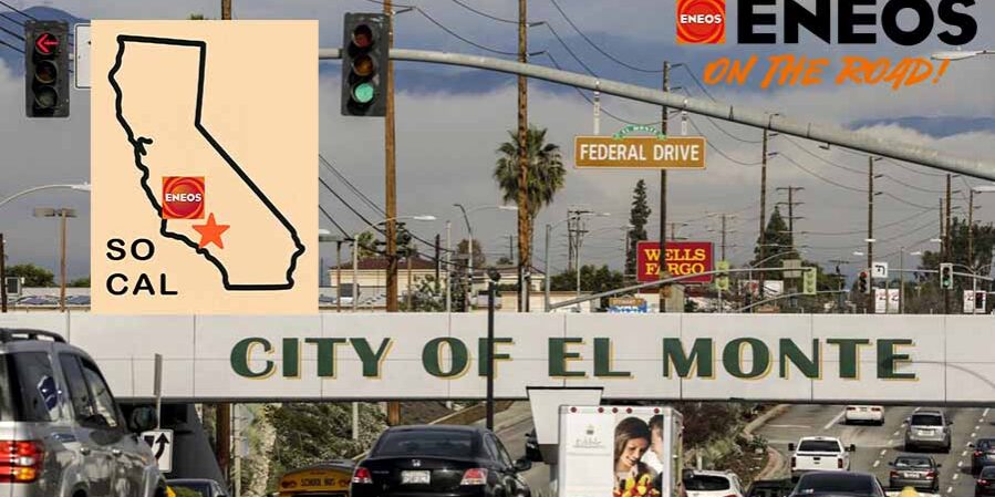 Street view of El Monte, California with ENEOS On The Road graphic and map highlighting Southern California location